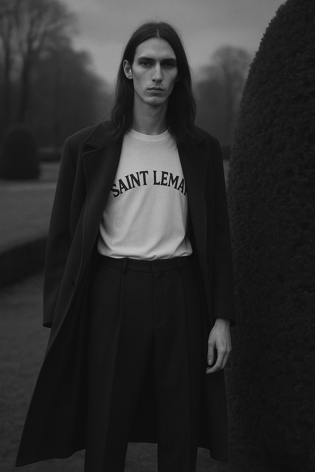 Person wearing a 'Saint Lemay' t-shirt in a park setting